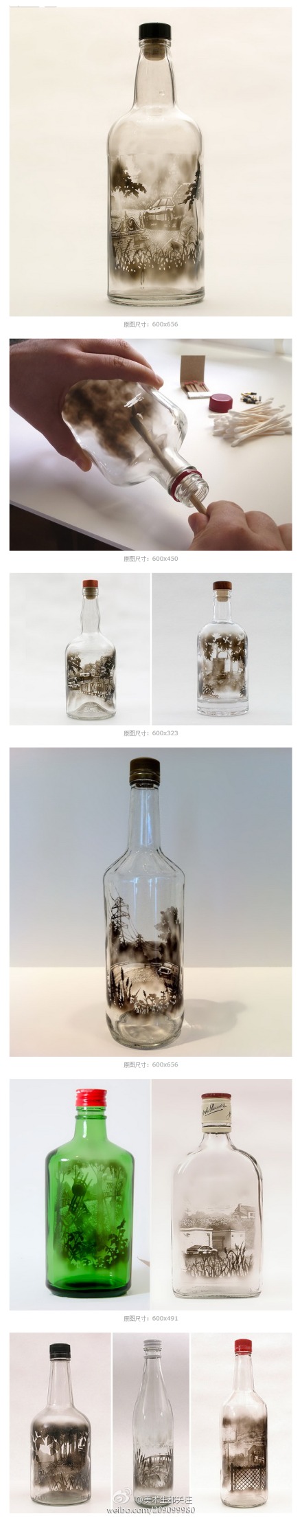 艺术家Jim Dingilian 玻璃瓶子里绘制烟熏画黑色烟雾缭绕