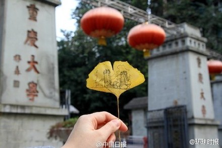 创意手绘 重庆大学女生把校园风景用手绘进银杏叶