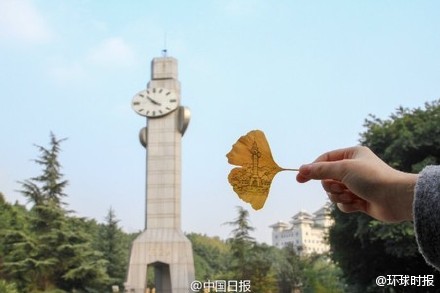 重庆大学女生把校园风景用手绘进银杏叶-2