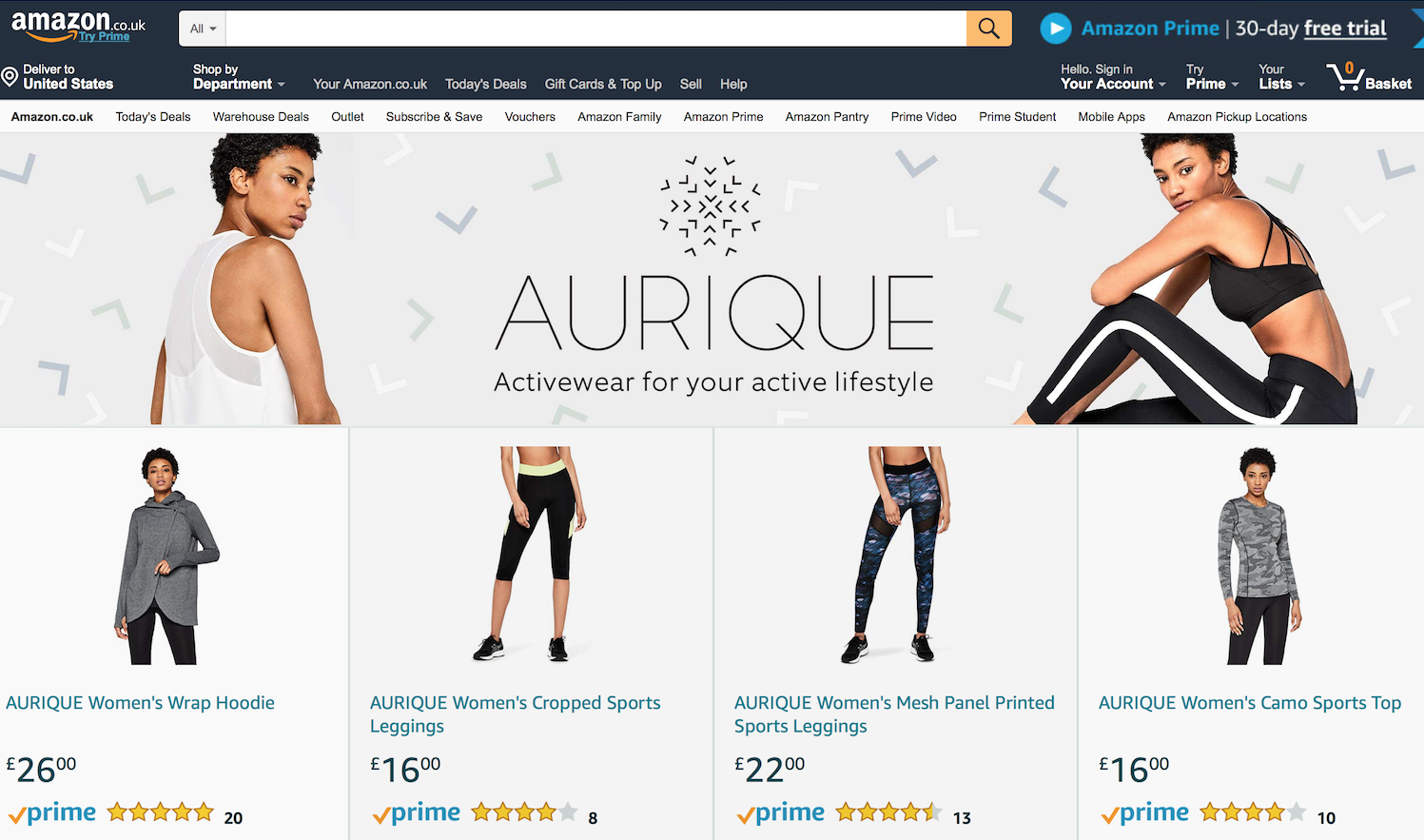 亚马逊(Amazon)推出自有运动时尚品牌 Aurique 进军运动服领域