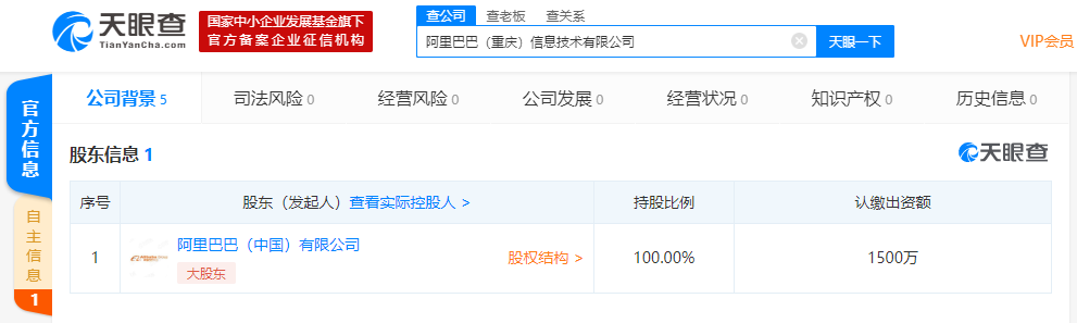 阿里巴巴（重庆）信息技术有限公司成立 注册资本1500万