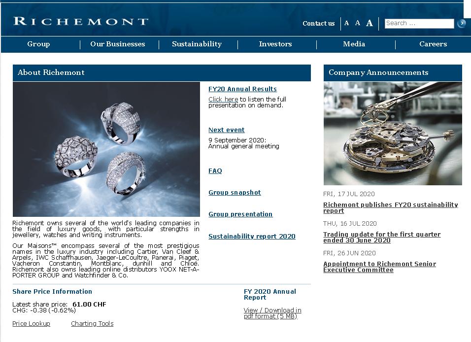 瑞士奢侈品巨头历峰集团（Richemont）官网